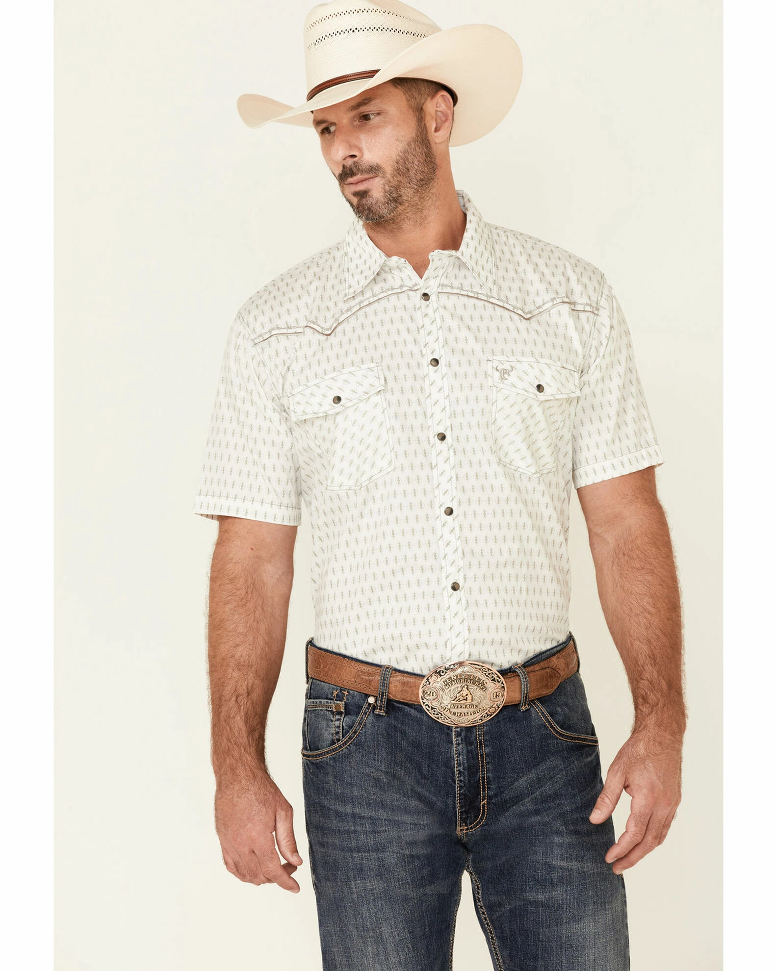 Cowboy Hardware Men's White Dash Diamond Geo Print Short Sleeve Snap Western Shirt 3 Cowboy Hardware Men's White Dash Diamond Geo Print Short Sleeve Snap Western Shirt