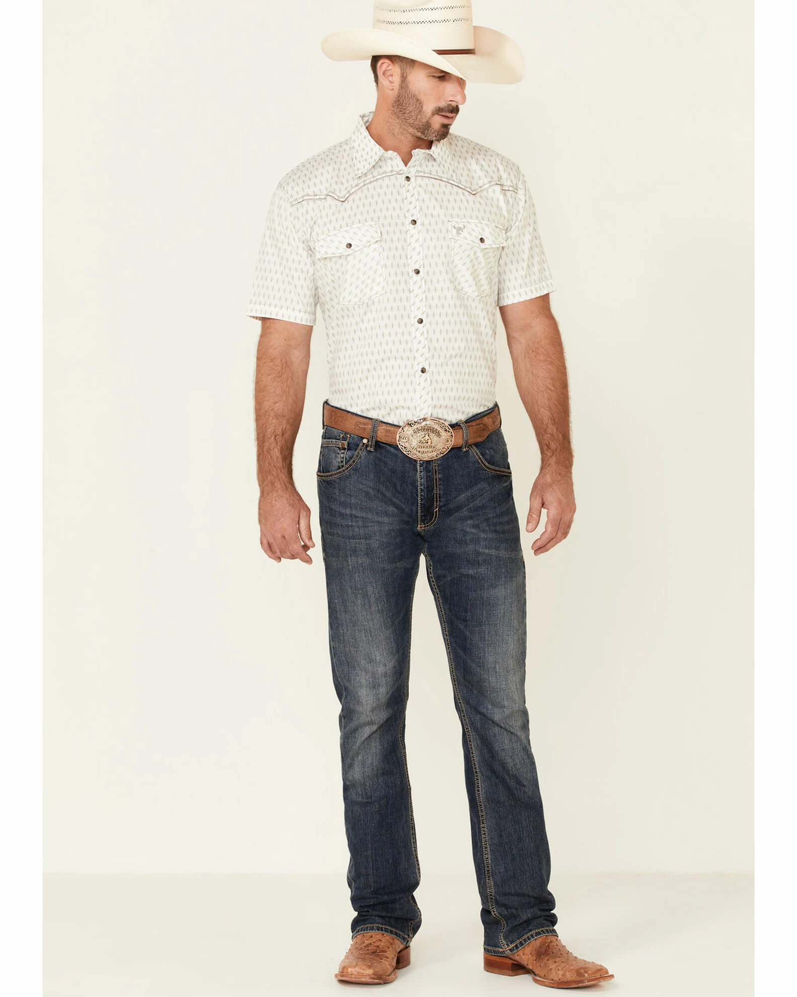 Cowboy Hardware Men's White Dash Diamond Geo Print Short Sleeve Snap Western Shirt 4 Cowboy Hardware Men's White Dash Diamond Geo Print Short Sleeve Snap Western Shirt - Image 2