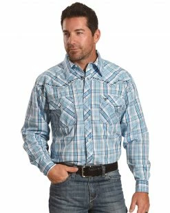 Cowboy Hardware Men's Picnic Plaid Long Sleeve Western Shirt  Blue