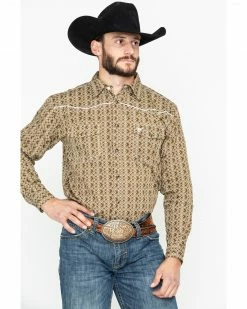 Cowboy Hardware Men's Double Diamond Print Long Sleeve Western Shirt  Tan
