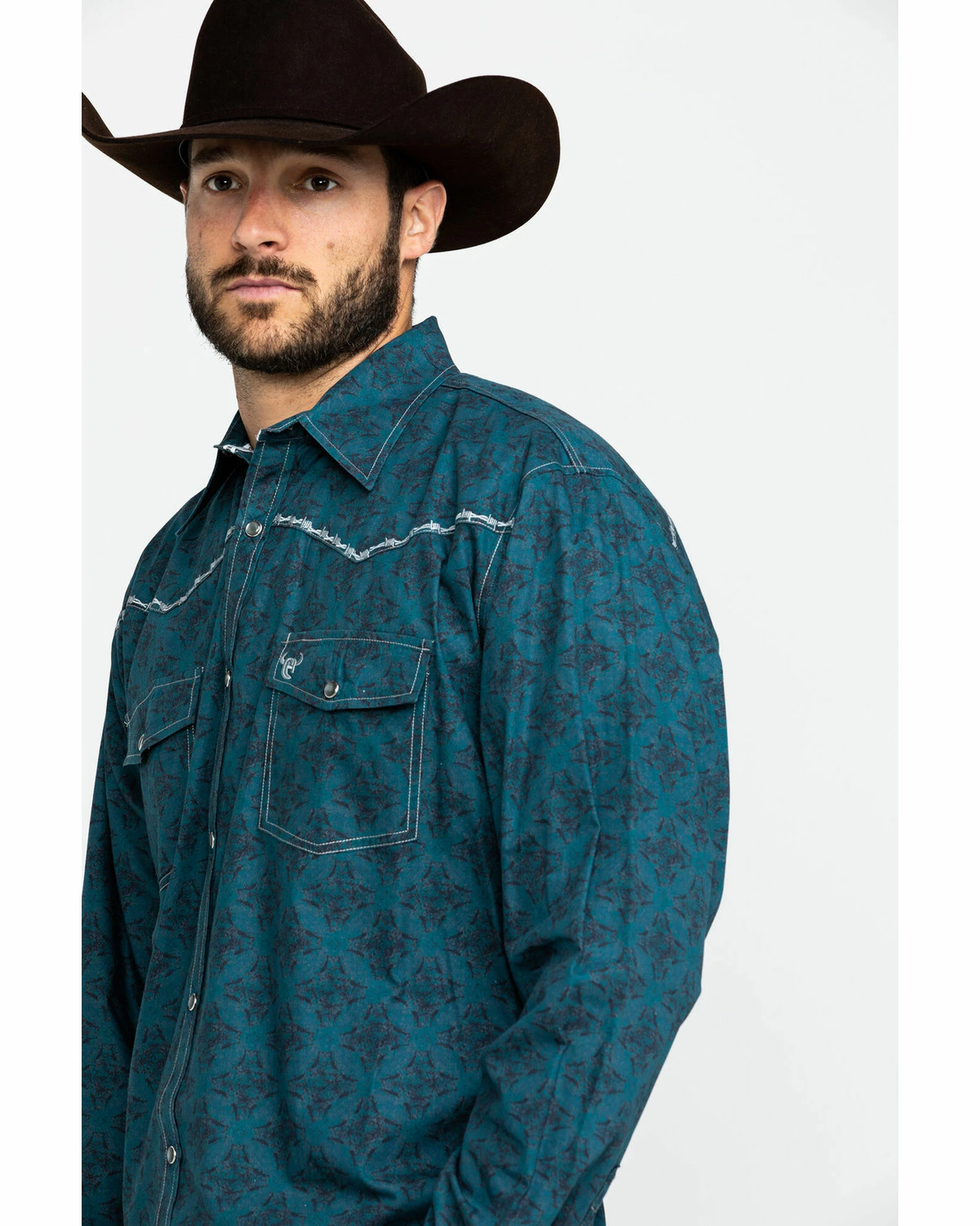 Cowboy Hardware Men's Rosette Geo Print Long Sleeve Western Shirt Teal 5 Cowboy Hardware Men's Rosette Geo Print Long Sleeve Western Shirt Teal - Image 3