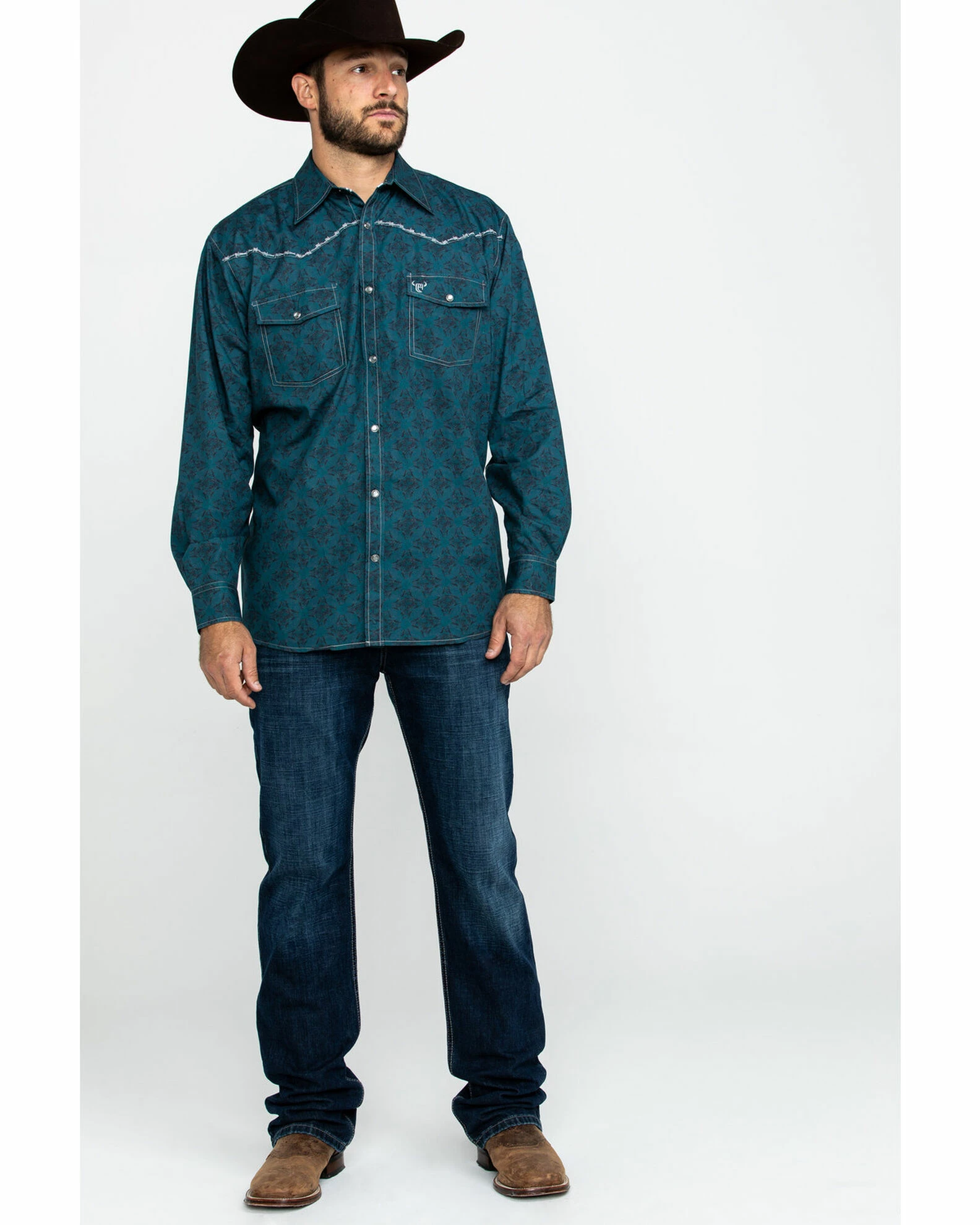 Cowboy Hardware Men's Rosette Geo Print Long Sleeve Western Shirt Teal 8 Cowboy Hardware Men's Rosette Geo Print Long Sleeve Western Shirt Teal - Image 6
