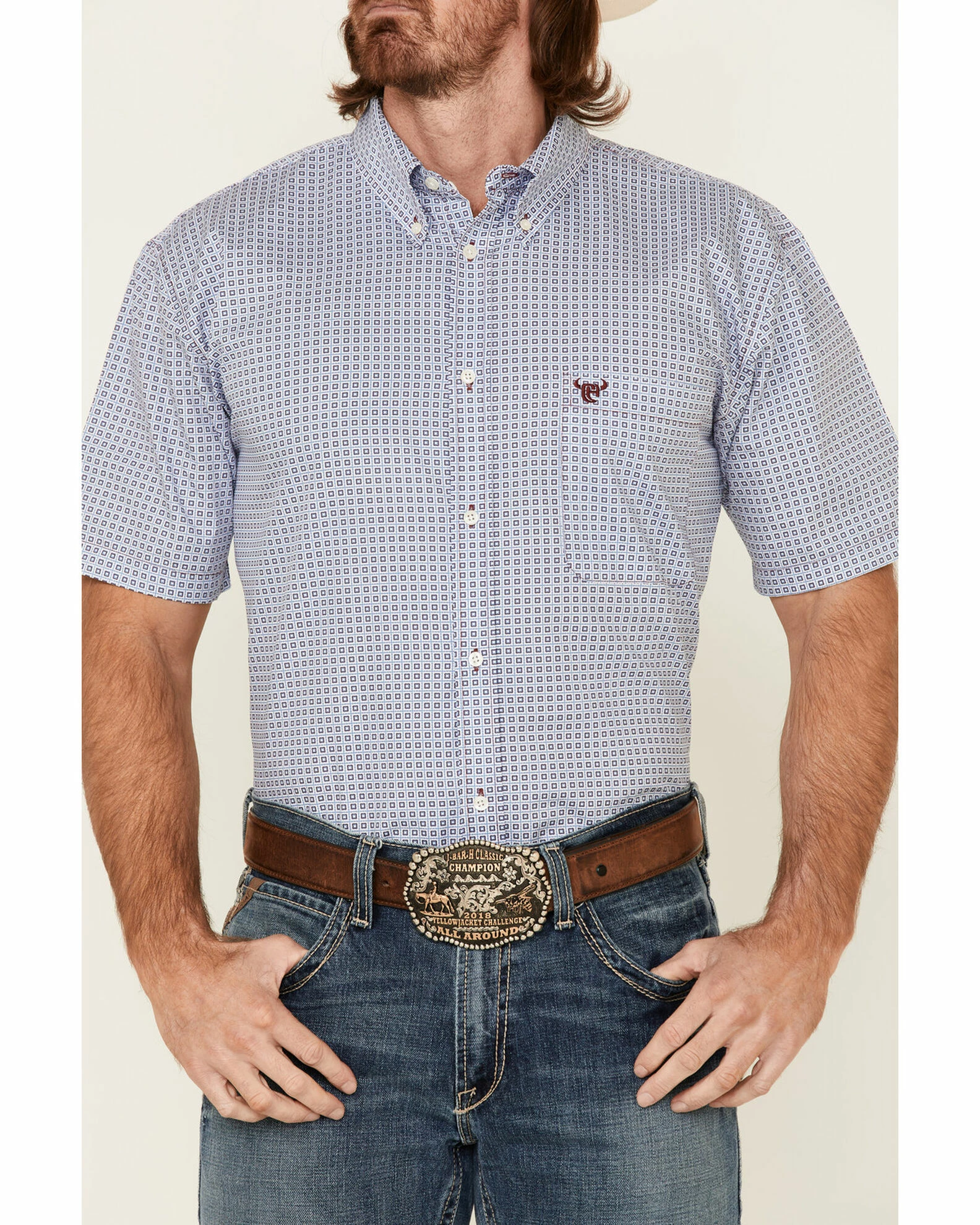Cowboy Hardware Men's Two Tone Geo Print Short Sleeve Button-Down Western Shirt Turquoise 5 Cowboy Hardware Men's Two Tone Geo Print Short Sleeve Button-Down Western Shirt Turquoise - Image 3