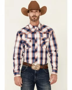 Cowboy Hardware Men's Navy & Orange Large Plaid Long Sleeve Snap Western Shirt 
