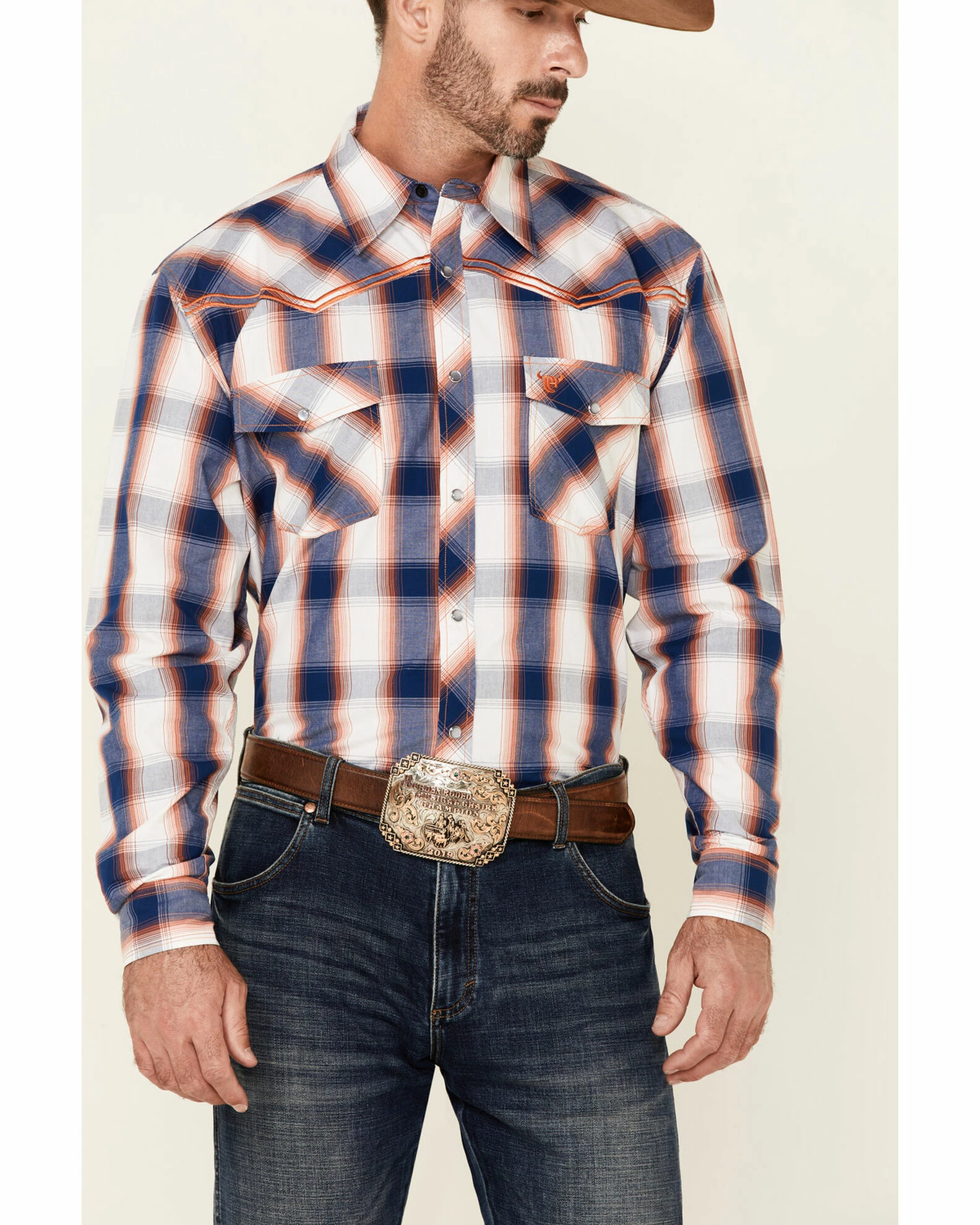Cowboy Hardware Men's Navy & Orange Large Plaid Long Sleeve Snap Western Shirt 5 Cowboy Hardware Men's Navy & Orange Large Plaid Long Sleeve Snap Western Shirt - Image 3