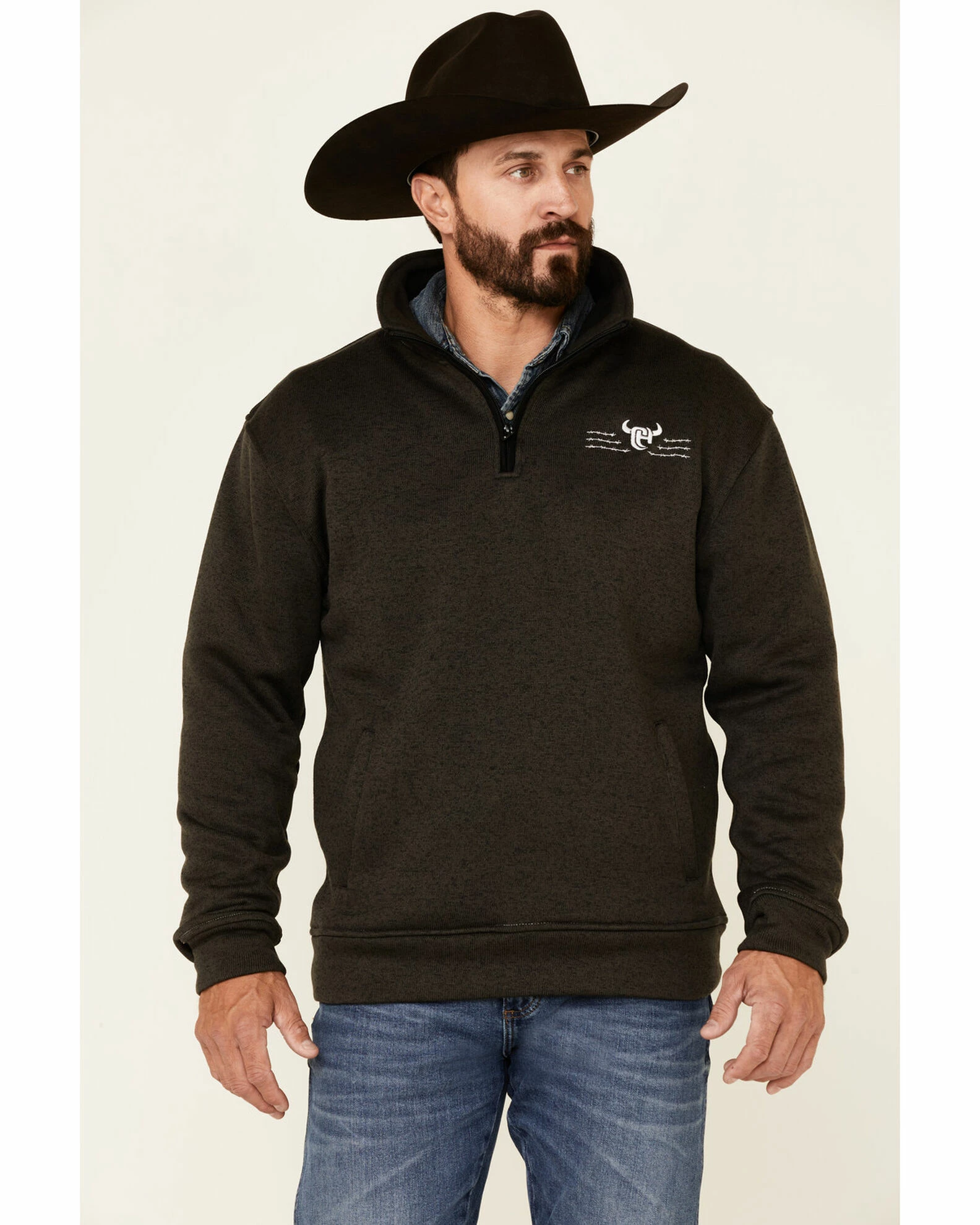 Cowboy Hardware Men's Charcoal Barb Wire Logo 1/4 Zip Front Fleece Pullover 2 Cowboy Hardware Men's Charcoal Barb Wire Logo 1/4 Zip Front Fleece Pullover