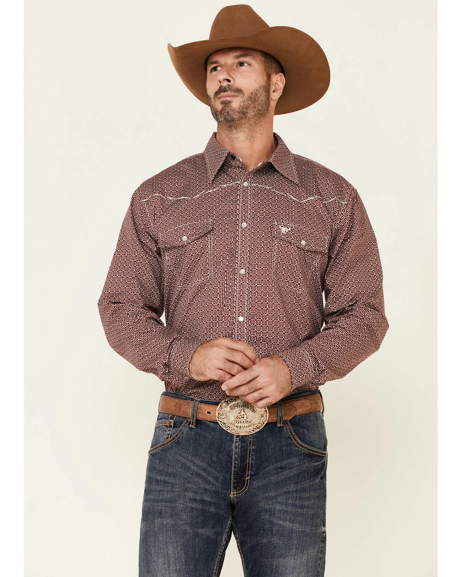 Cowboy Hardware Men's Burgundy Pitchfork Print Long Sleeve Snap Western Shirt 3 Cowboy Hardware Men's Burgundy Pitchfork Print Long Sleeve Snap Western Shirt