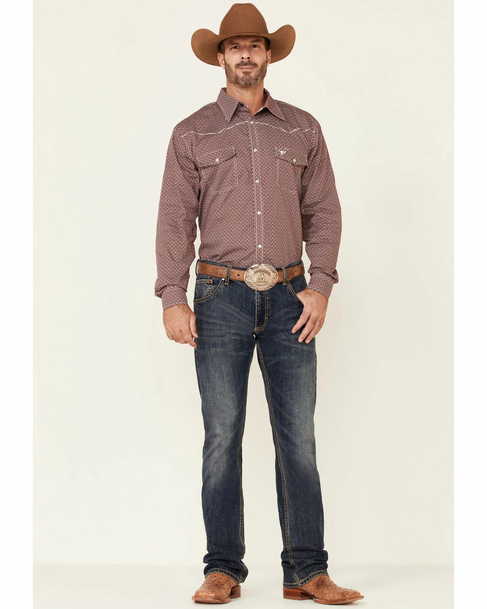 Cowboy Hardware Men's Burgundy Pitchfork Print Long Sleeve Snap Western Shirt 4 Cowboy Hardware Men's Burgundy Pitchfork Print Long Sleeve Snap Western Shirt - Image 2