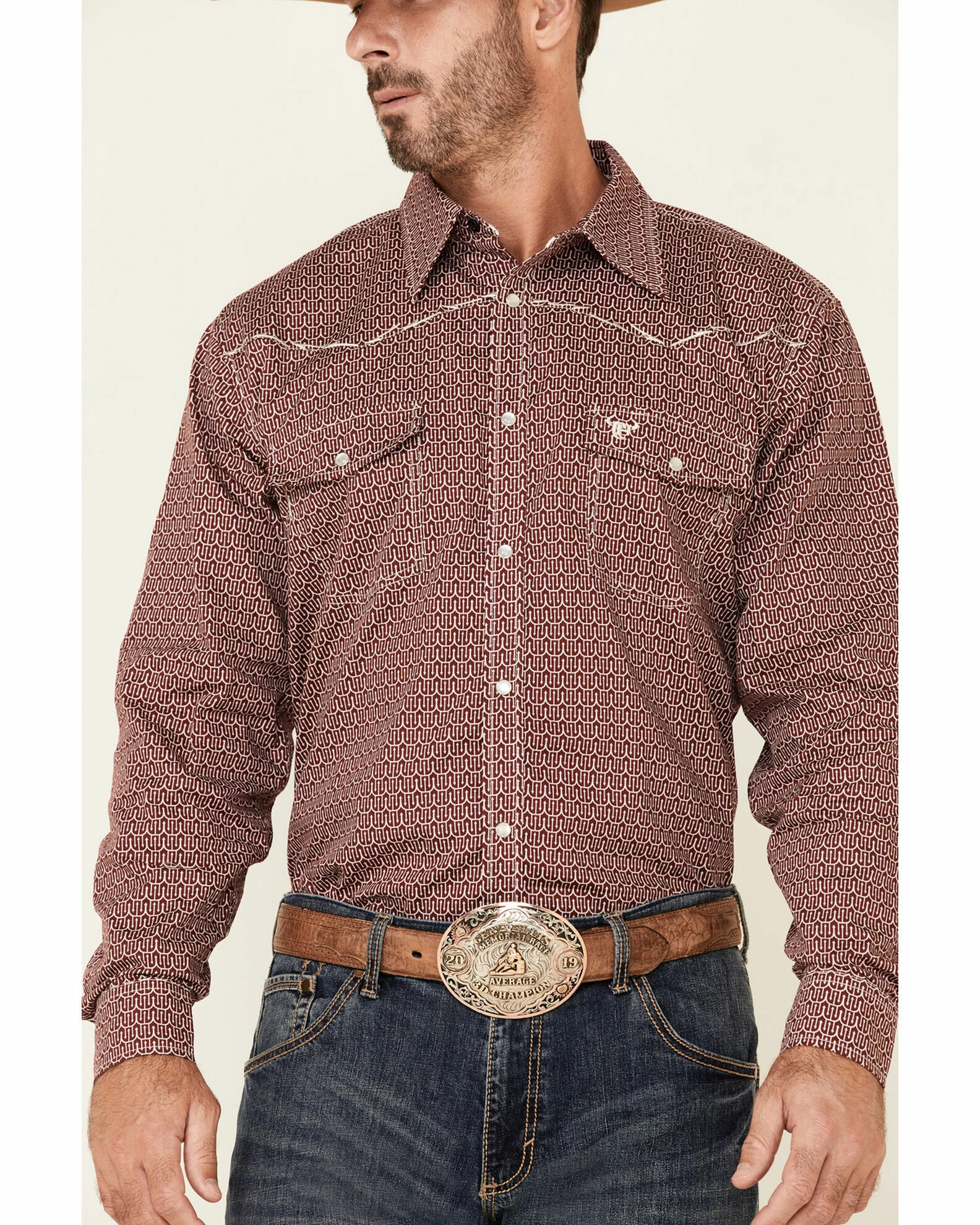 Cowboy Hardware Men's Burgundy Pitchfork Print Long Sleeve Snap Western Shirt 5 Cowboy Hardware Men's Burgundy Pitchfork Print Long Sleeve Snap Western Shirt - Image 3