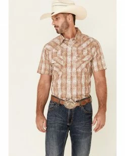 Cowboy Hardware Men's Tan Paisley Plaid Short Sleeve Snap Western Shirt 