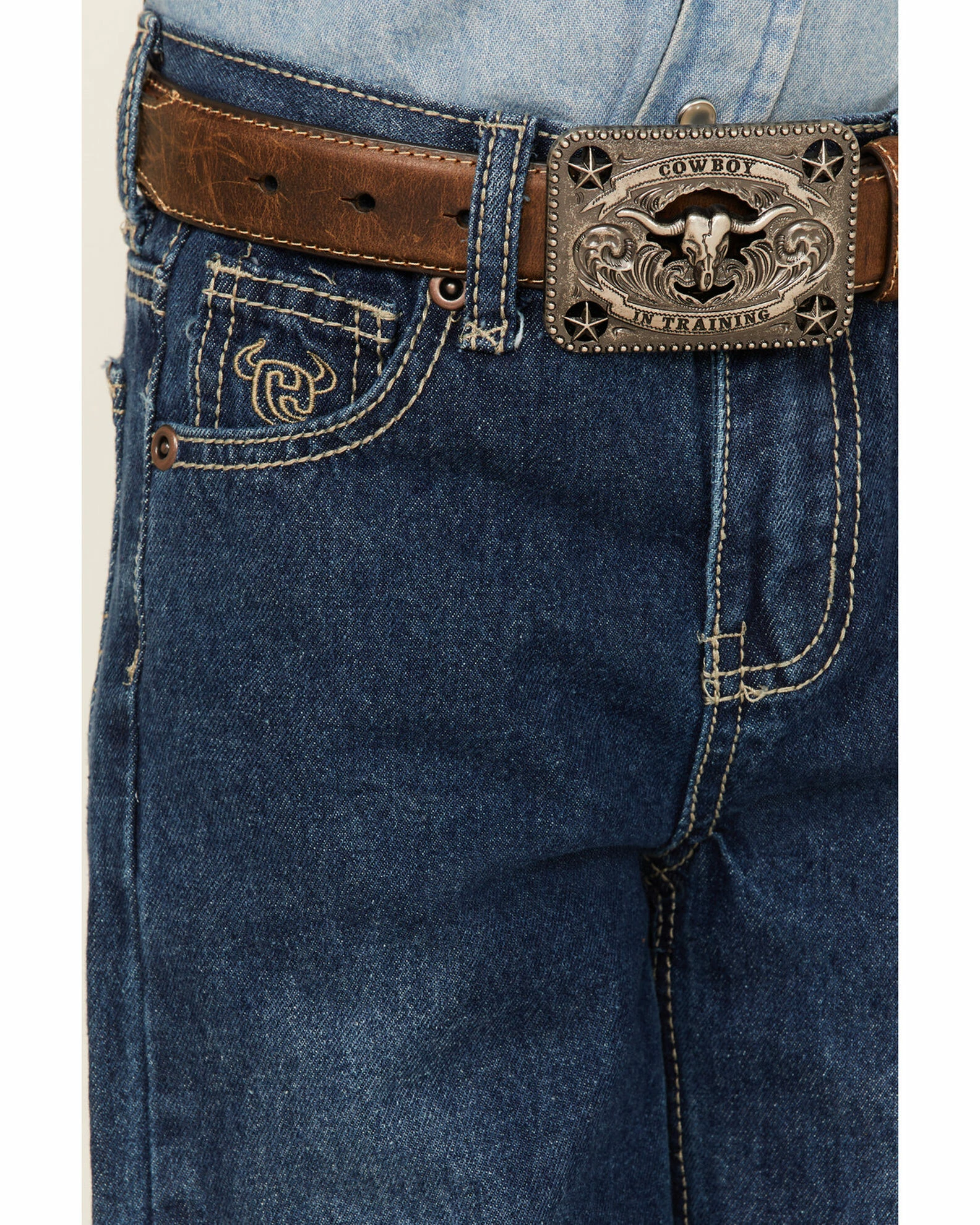 Cowboy Hardware Boys' Medium Wash Mid Rise Steer Head Straight Jeans Blue 3 Cowboy Hardware Boys' Medium Wash Mid Rise Steer Head Straight Jeans Blue - Image 2