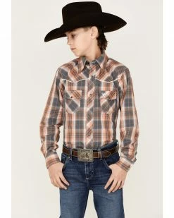 Cowboy Hardware Boys' Hermosillo Plaid Long Sleeve Snap Shirt Orange