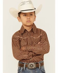 Cowboy Hardware Boys' Six Star Print Long Sleeve Western Snap Shirt Orange
