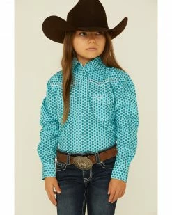 Cowboy Hardware Girls' Six Star Print Western Long Sleeve Shirt Turquoise