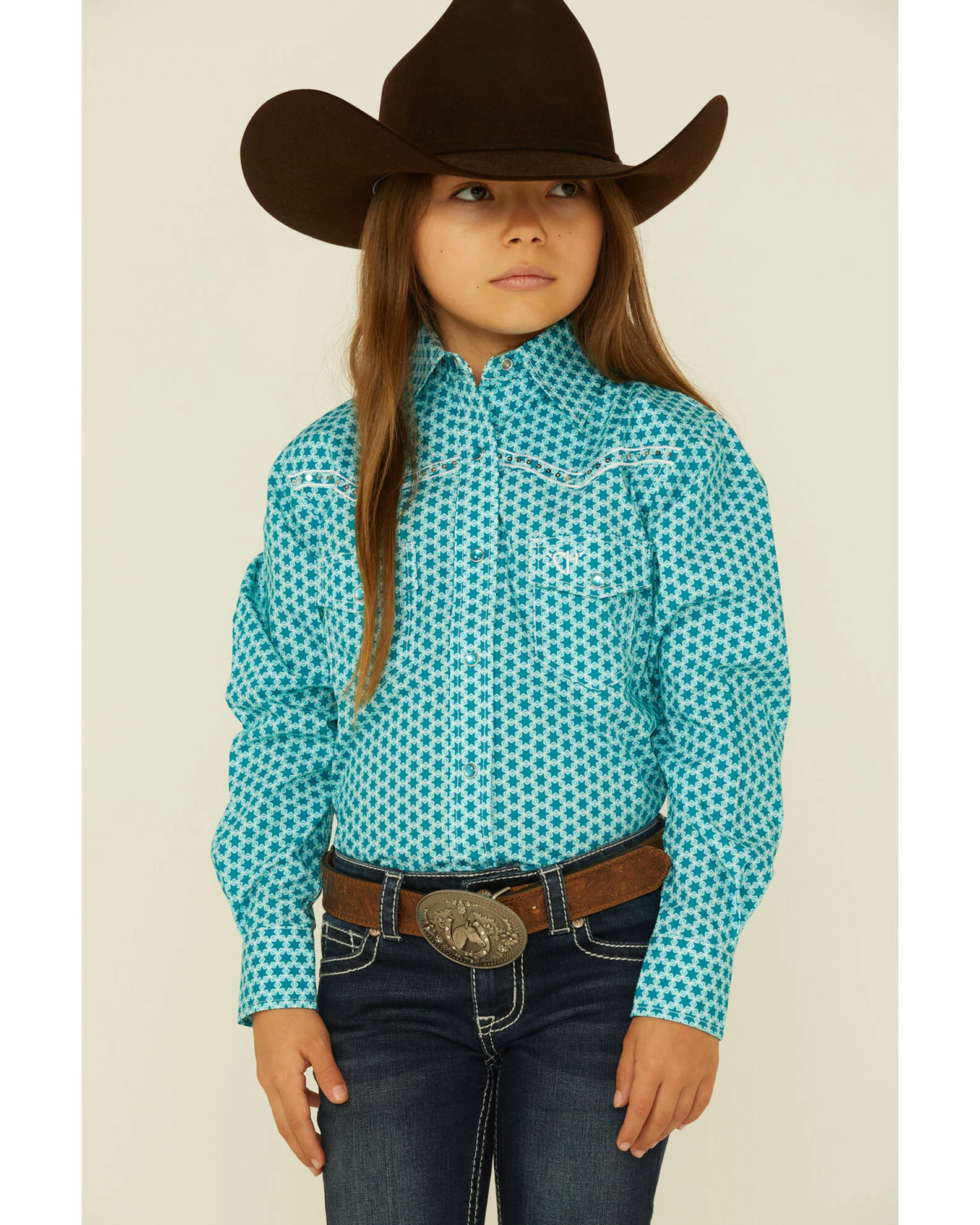 Cowboy Hardware Girls' Six Star Print Western Long Sleeve Shirt Turquoise 3 Cowboy Hardware Girls' Six Star Print Western Long Sleeve Shirt Turquoise