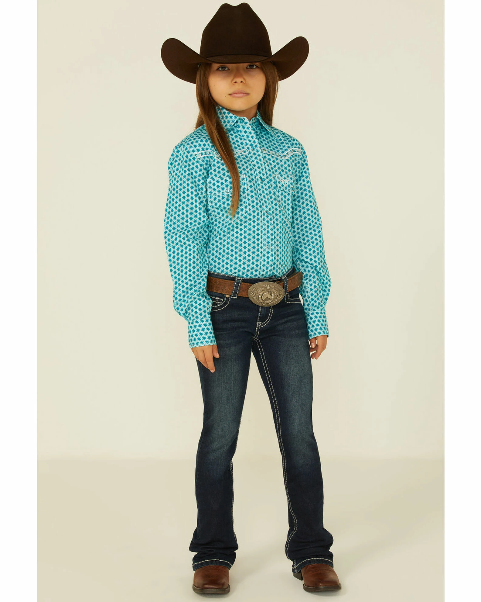 Cowboy Hardware Girls' Six Star Print Western Long Sleeve Shirt Turquoise 4 Cowboy Hardware Girls' Six Star Print Western Long Sleeve Shirt Turquoise - Image 2
