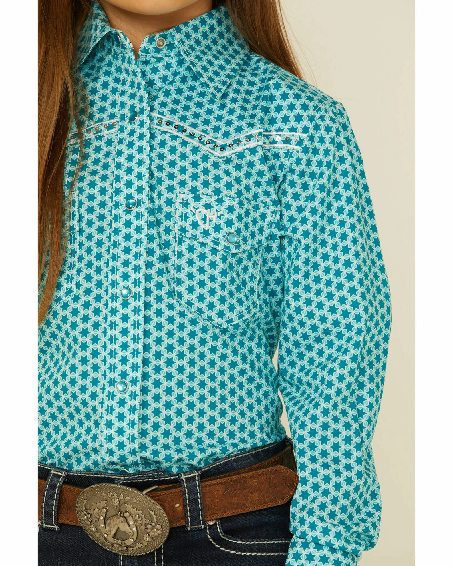 Cowboy Hardware Girls' Six Star Print Western Long Sleeve Shirt Turquoise 5 Cowboy Hardware Girls' Six Star Print Western Long Sleeve Shirt Turquoise - Image 3