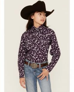 Cowboy Hardware Cowgirl Hardware Girl's Daisy Rider Print Long Sleeve Western Snap Shirt  For Girls' Purple -Cowboy Hardware Shop 2000358257 500 P1 1