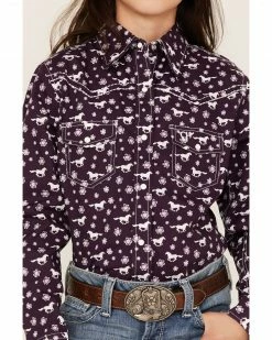 Cowboy Hardware Cowgirl Hardware Girl's Daisy Rider Print Long Sleeve Western Snap Shirt  For Girls' Purple -Cowboy Hardware Shop 2000358257 500 P3