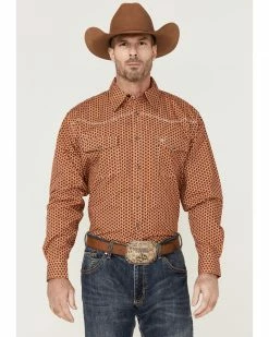 Cowboy Hardware Men's Rust Six Star Geo Print Long Sleeve Snap Western Shirt  Rust Copper