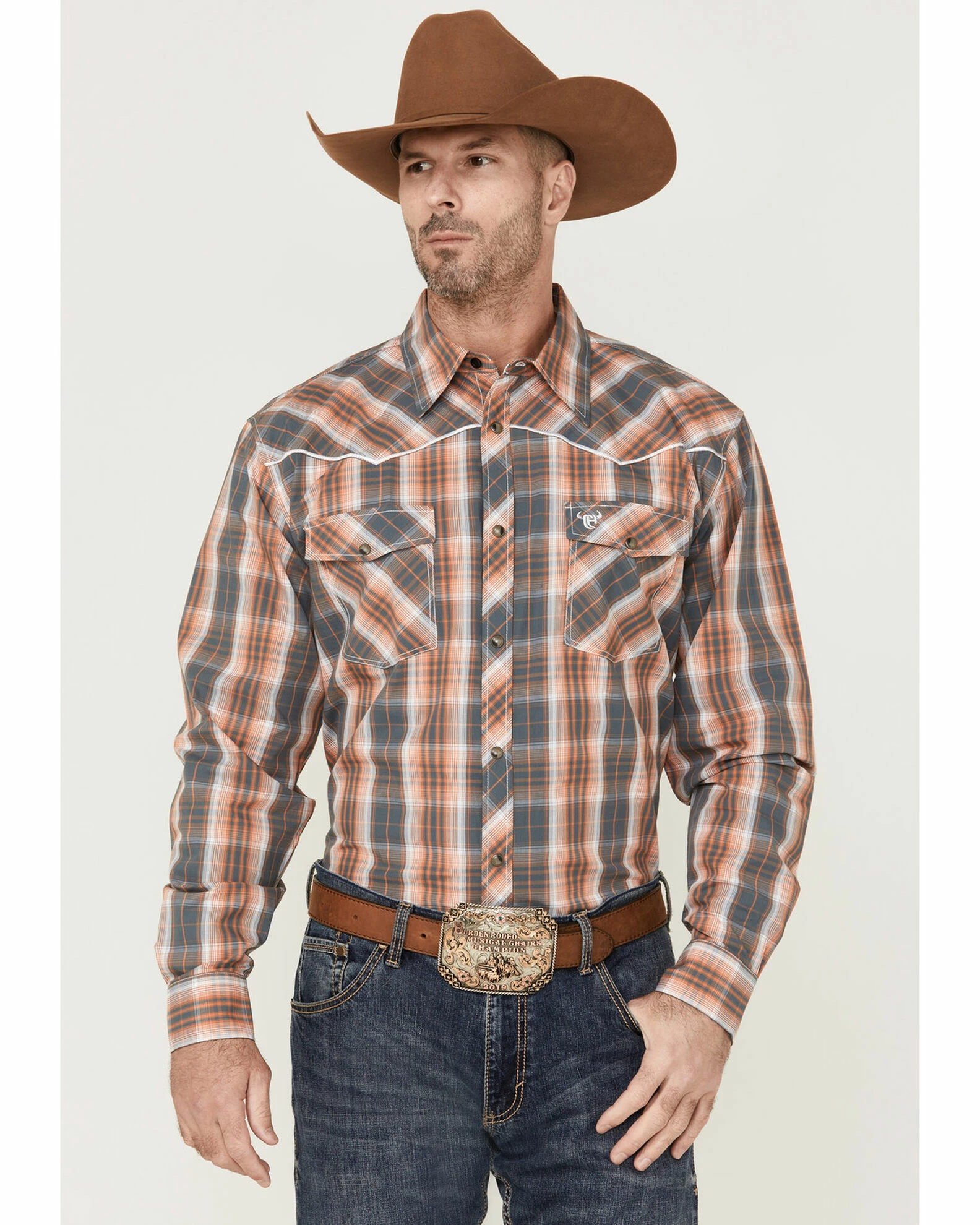 Cowboy Hardware Men's Hermosillo Large Plaid Long Sleeve Snap Western Shirt Orange 3 Cowboy Hardware Men's Hermosillo Large Plaid Long Sleeve Snap Western Shirt Orange