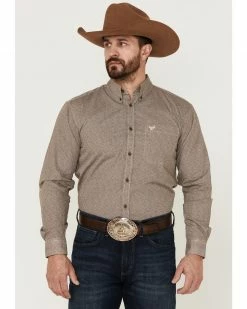 Cowboy Hardware Men's Basket Weave Print Long Sleeve Button-Down Western Shirt  Beige/khaki