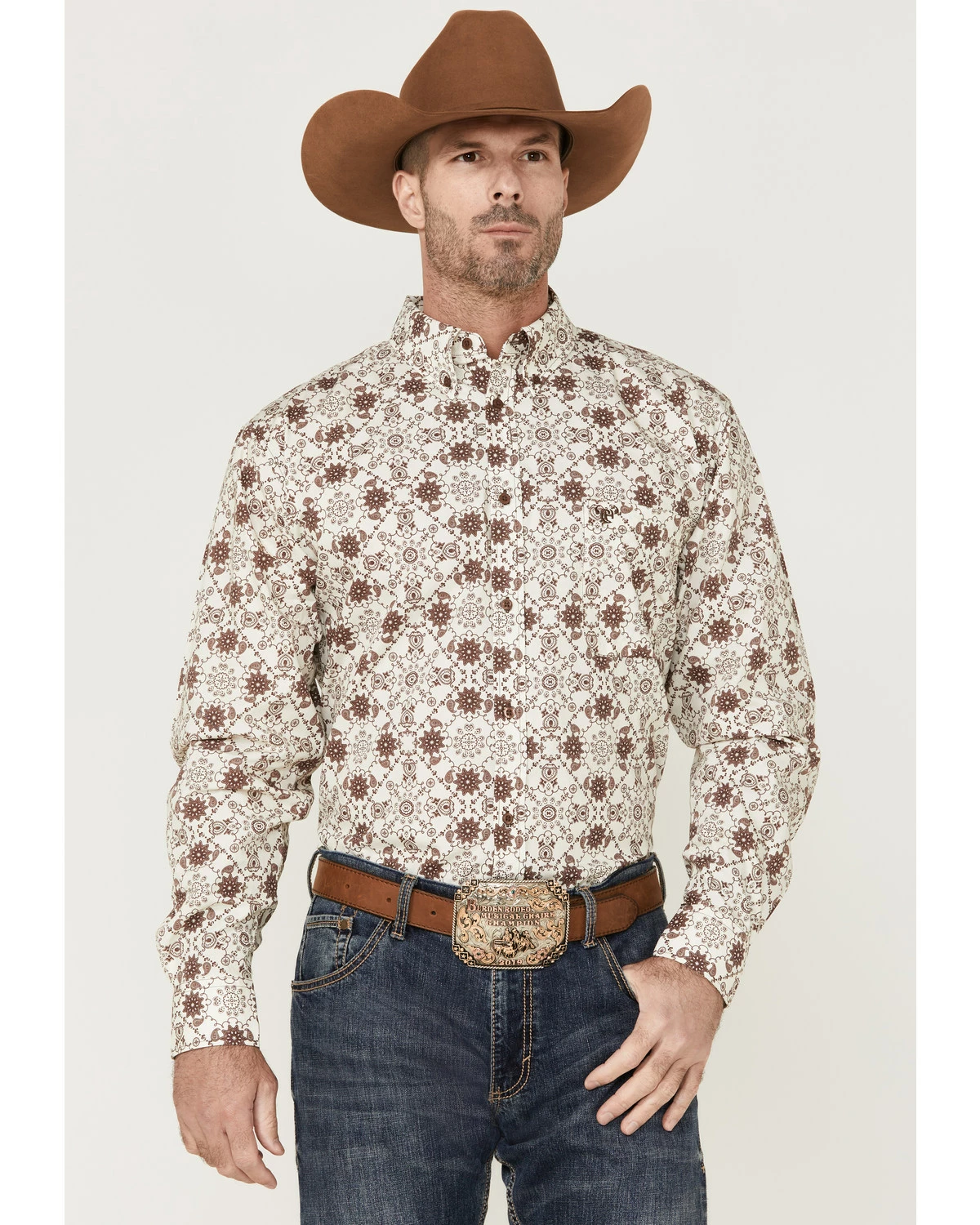 Cowboy Hardware Men's Floral Bandana Print Long Sleeve Button-Down Western Shirt Beige/khaki 7 Cowboy Hardware Men's Floral Bandana Print Long Sleeve Button-Down Western Shirt Beige/khaki - Image 5