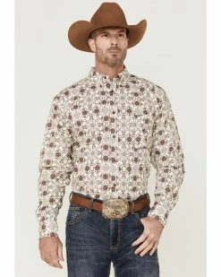 Cowboy Hardware Men's Floral Bandana Print Long Sleeve Button-Down Western Shirt  Beige/khaki