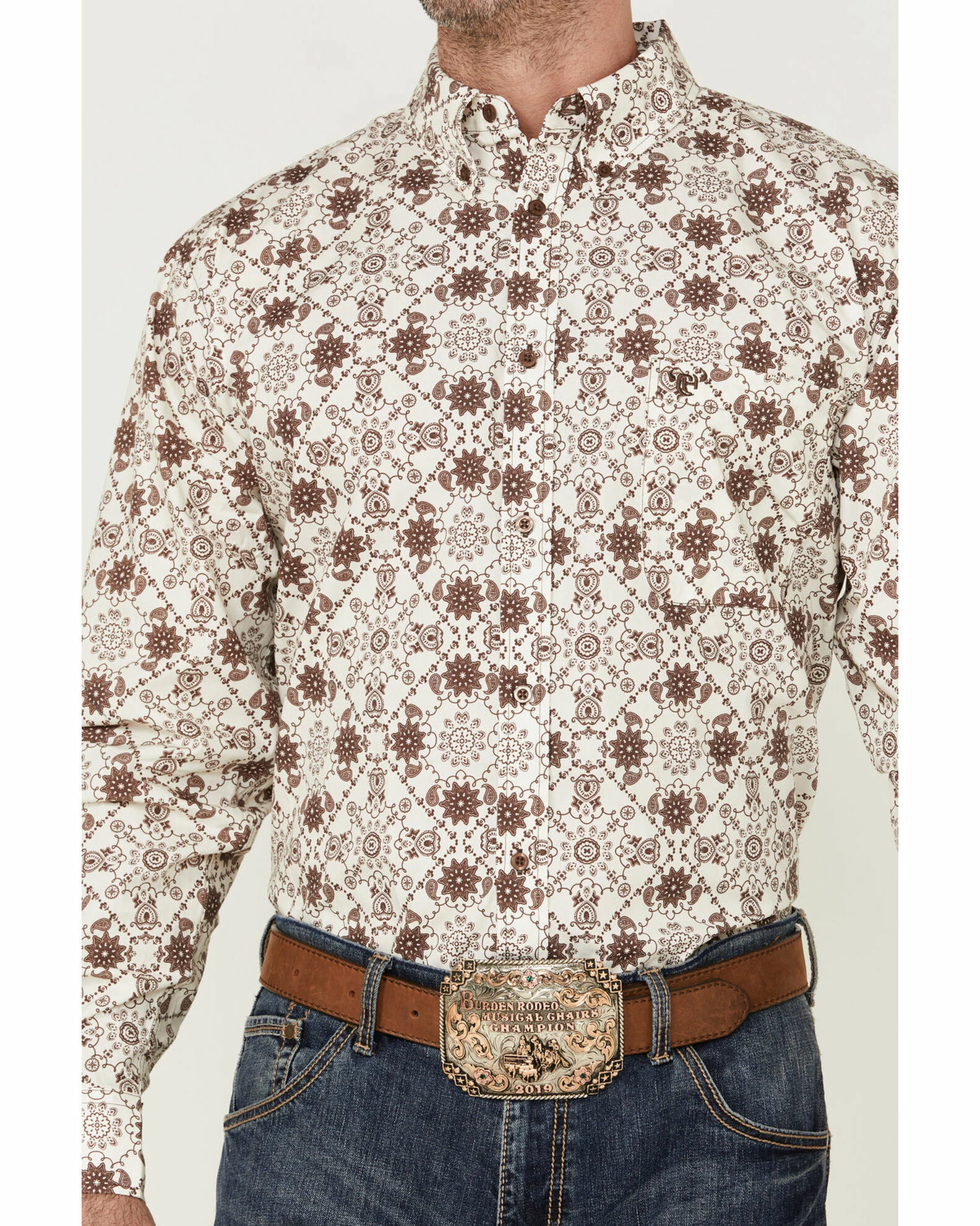 Cowboy Hardware Men's Floral Bandana Print Long Sleeve Button-Down Western Shirt Beige/khaki 5 Cowboy Hardware Men's Floral Bandana Print Long Sleeve Button-Down Western Shirt Beige/khaki - Image 3
