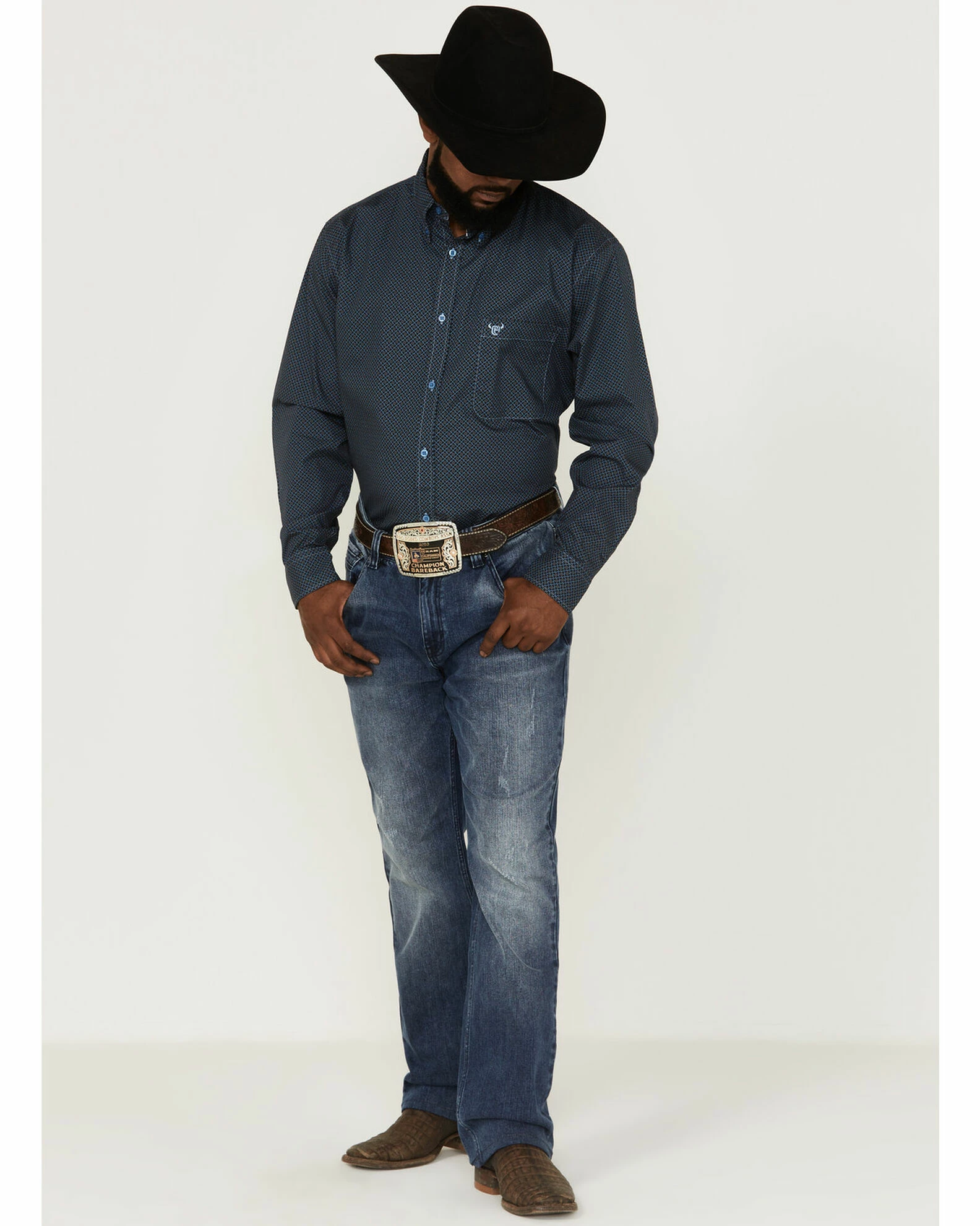 Cowboy Hardware Men's Squiggly Diamond Star Geo Print Long Sleeve Western Shirt Navy 4 Cowboy Hardware Men's Squiggly Diamond Star Geo Print Long Sleeve Western Shirt Navy - Image 2