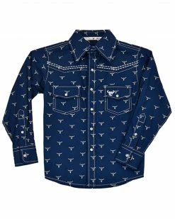 Cowboy Hardware Boys' Steer Head Print Long Sleeve Snap Western Shirt Blue
