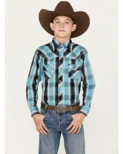 Cowboy Hardware Boys' Plaid Print Long Sleeve Snap Western Shirt Blue