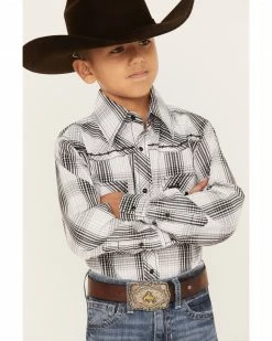 Cowboy Hardware Boys' Forge Plaid Print Long Sleeve Snap Western Shirt White