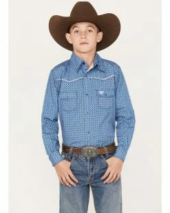 Cowboy Hardware Boys' Star Print Long Sleeve Snap Western Shirt Blue