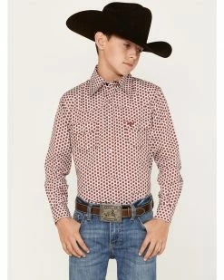 Cowboy Hardware Boys' Six Star Print Long Sleeve Snap Western Shirt Burgundy