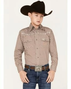 Cowboy Hardware Boys' Rolodex Geo Print Long Sleeve Snap Western Shirt Brown