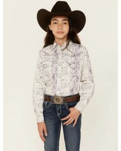 Cowboy Hardware Girls' Purple Floral Pattern Long Sleeve Snap Shirt