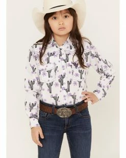 Cowboy Hardware Girls' White & Purple Cactus Rose Long Sleeve Snap Shirt