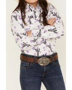 Cowboy Hardware Girls' White & Purple Cactus Rose Long Sleeve Snap Shirt -Cowboy Hardware Shop 2000376471 100 P3