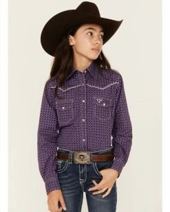 Cowboy Hardware Girls' Purple Star Print Long Sleeve Snap Shirt