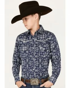 Cowboy Hardware Boys' Bandana Print Long Sleeve Snap Western Shirt Grey