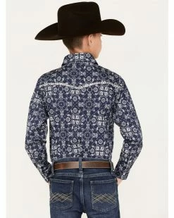 Cowboy Hardware Boys' Bandana Print Long Sleeve Snap Western Shirt Grey -Cowboy Hardware Shop 2000376535 410 P4
