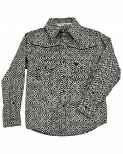 Cowboy Hardware Boys' Diamond Geo Print Long Sleeve Snap Western Shirt Charcoal