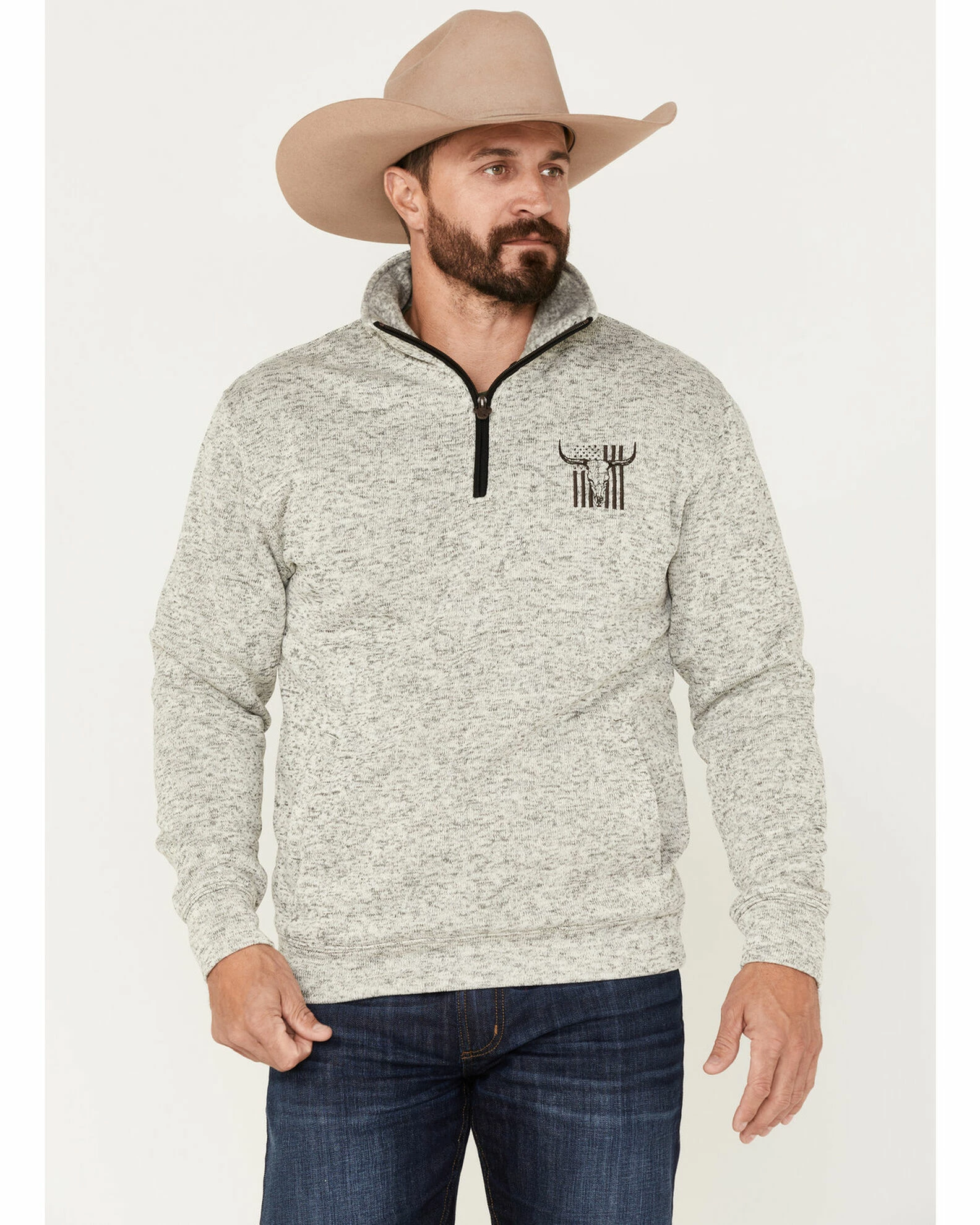 Cowboy Hardware Men's 1/4 Zip Flag Skull Fleece Cadet Sweatshirt Oatmeal 3 Cowboy Hardware Men's 1/4 Zip Flag Skull Fleece Cadet Sweatshirt Oatmeal