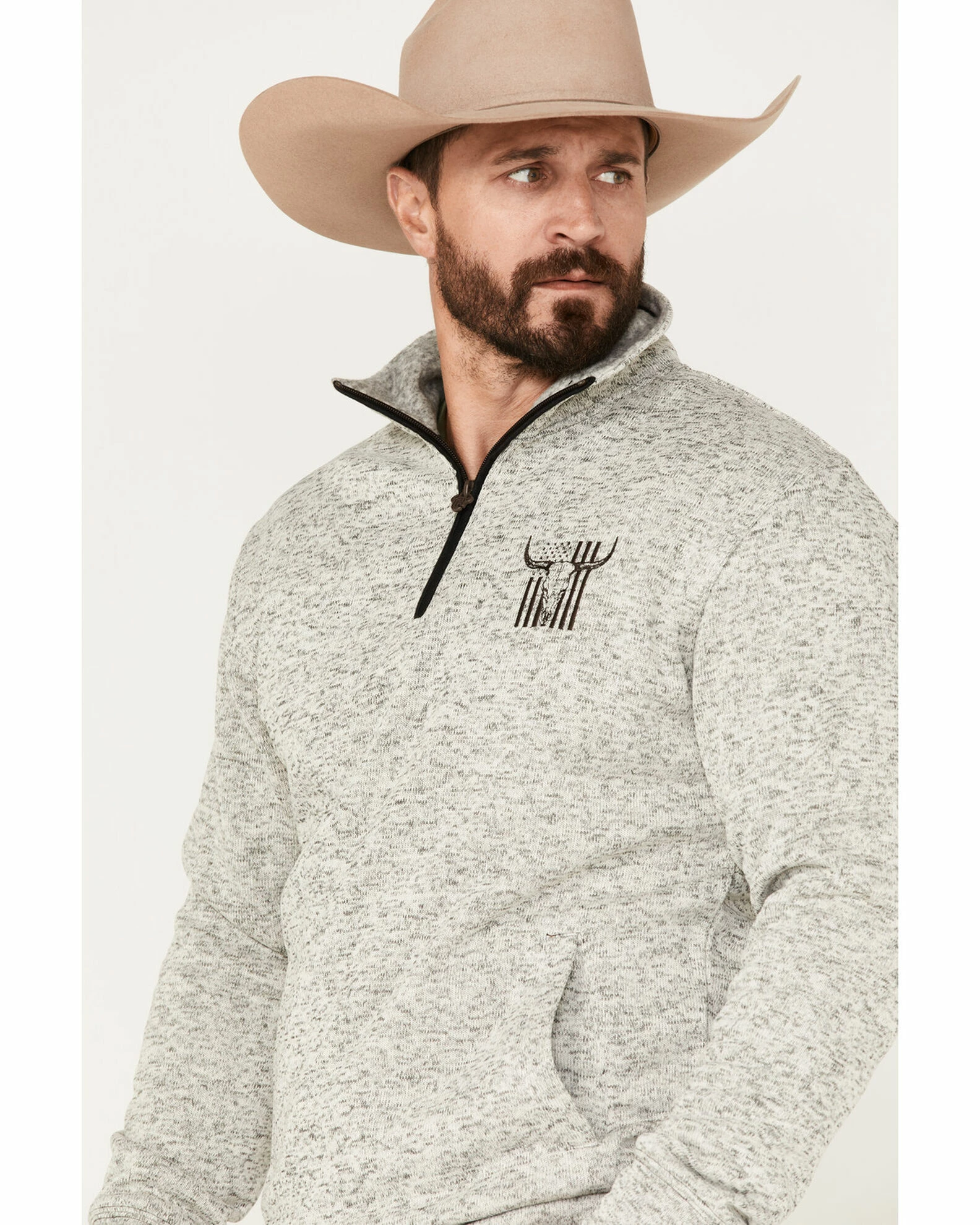 Cowboy Hardware Men's 1/4 Zip Flag Skull Fleece Cadet Sweatshirt Oatmeal 4 Cowboy Hardware Men's 1/4 Zip Flag Skull Fleece Cadet Sweatshirt Oatmeal - Image 2