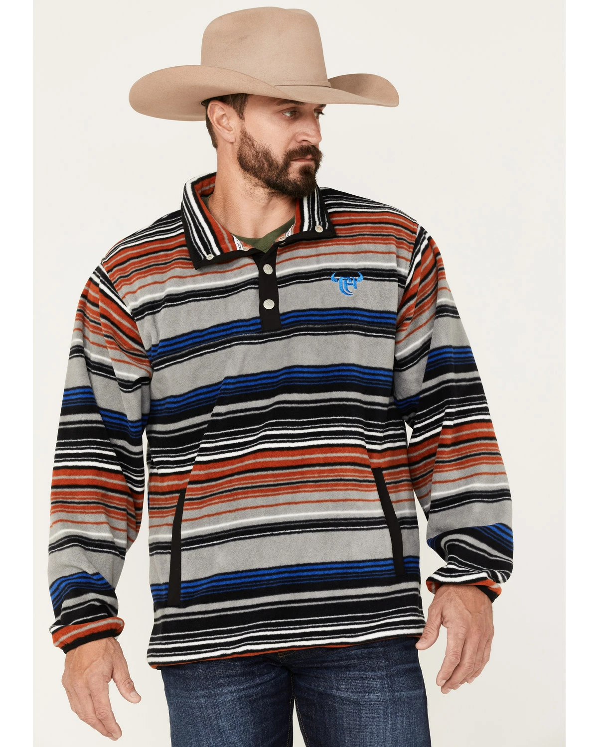 Cowboy Hardware Men's 1/4 Snap Serape Stripe Fleece Cadet Sweatshirt Orange 7 Cowboy Hardware Men's 1/4 Snap Serape Stripe Fleece Cadet Sweatshirt Orange - Image 5