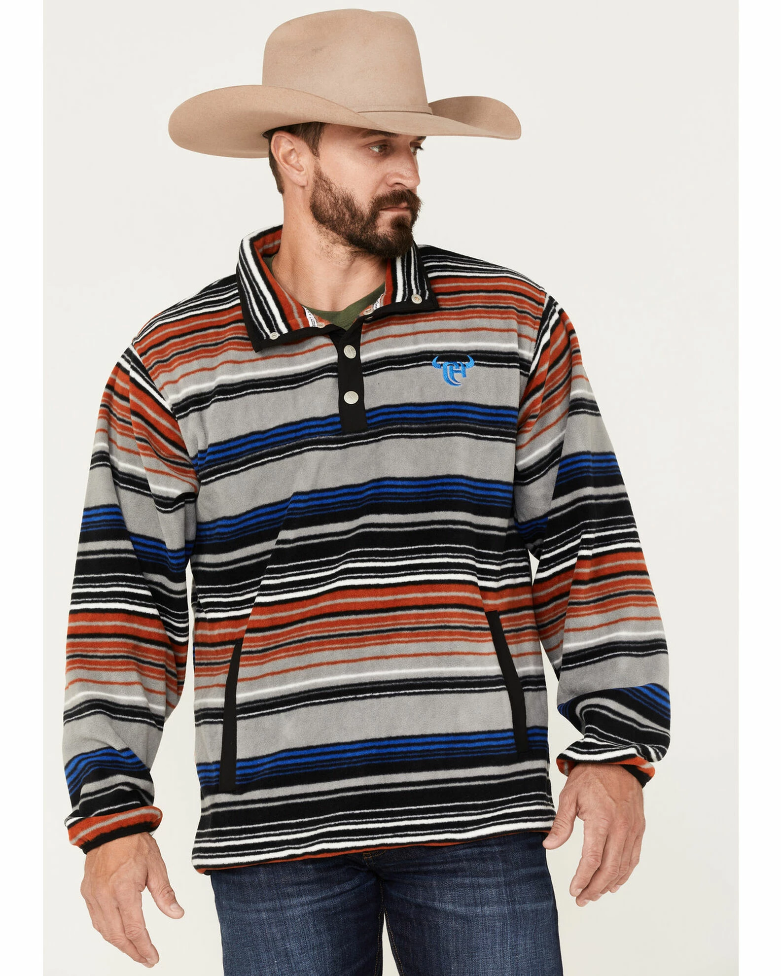 Cowboy Hardware Men's 1/4 Snap Serape Stripe Fleece Cadet Sweatshirt Orange 3 Cowboy Hardware Men's 1/4 Snap Serape Stripe Fleece Cadet Sweatshirt Orange