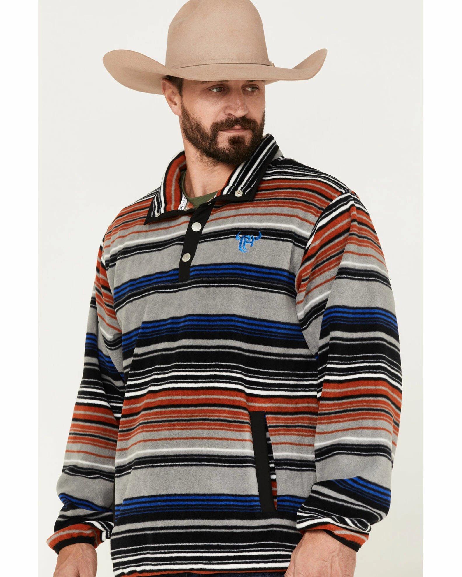 Cowboy Hardware Men's 1/4 Snap Serape Stripe Fleece Cadet Sweatshirt Orange 4 Cowboy Hardware Men's 1/4 Snap Serape Stripe Fleece Cadet Sweatshirt Orange - Image 2