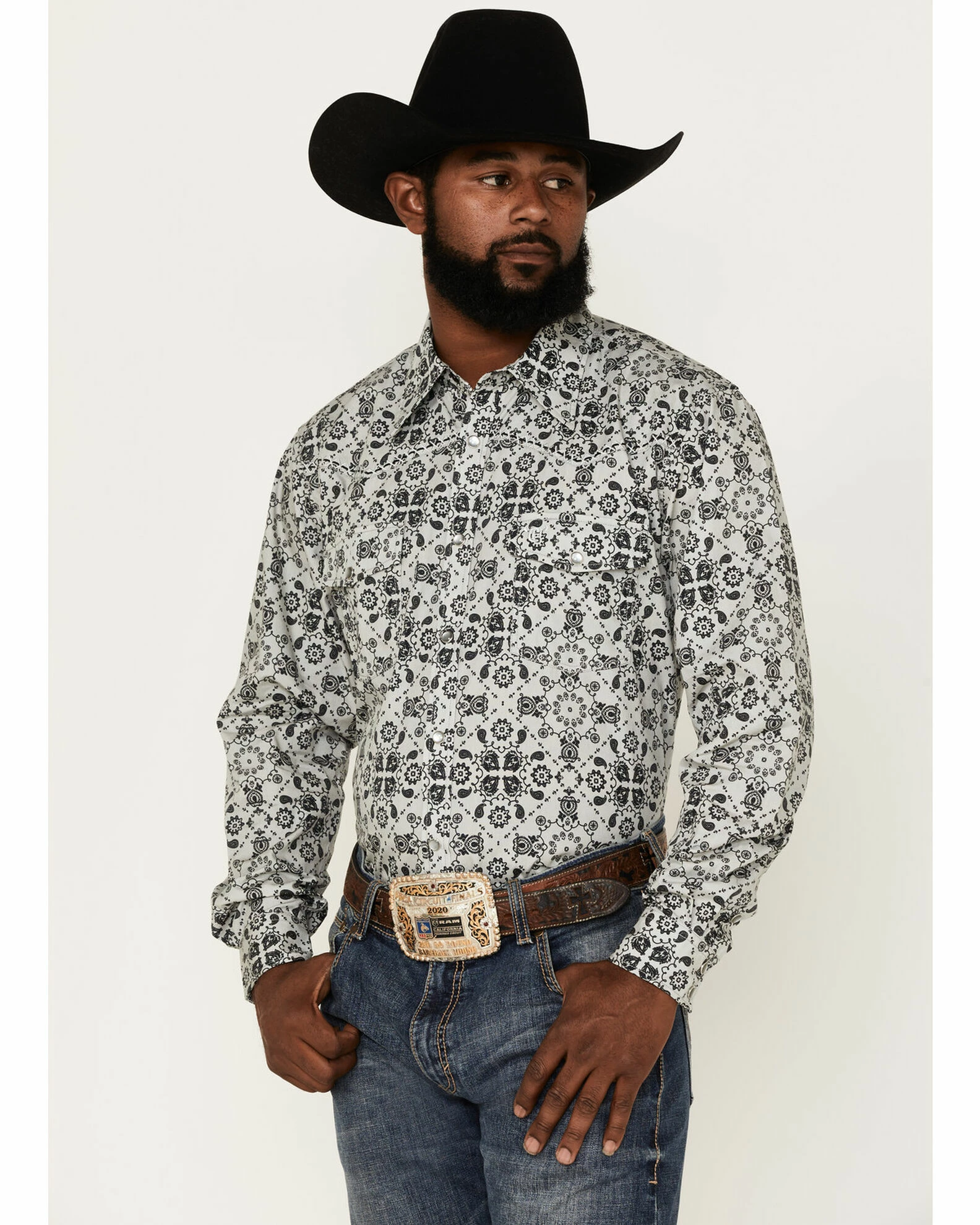 Cowboy Hardware Men's Bandana Print Long Sleeve Snap Shirt Grey 3 Cowboy Hardware Men's Bandana Print Long Sleeve Snap Shirt Grey