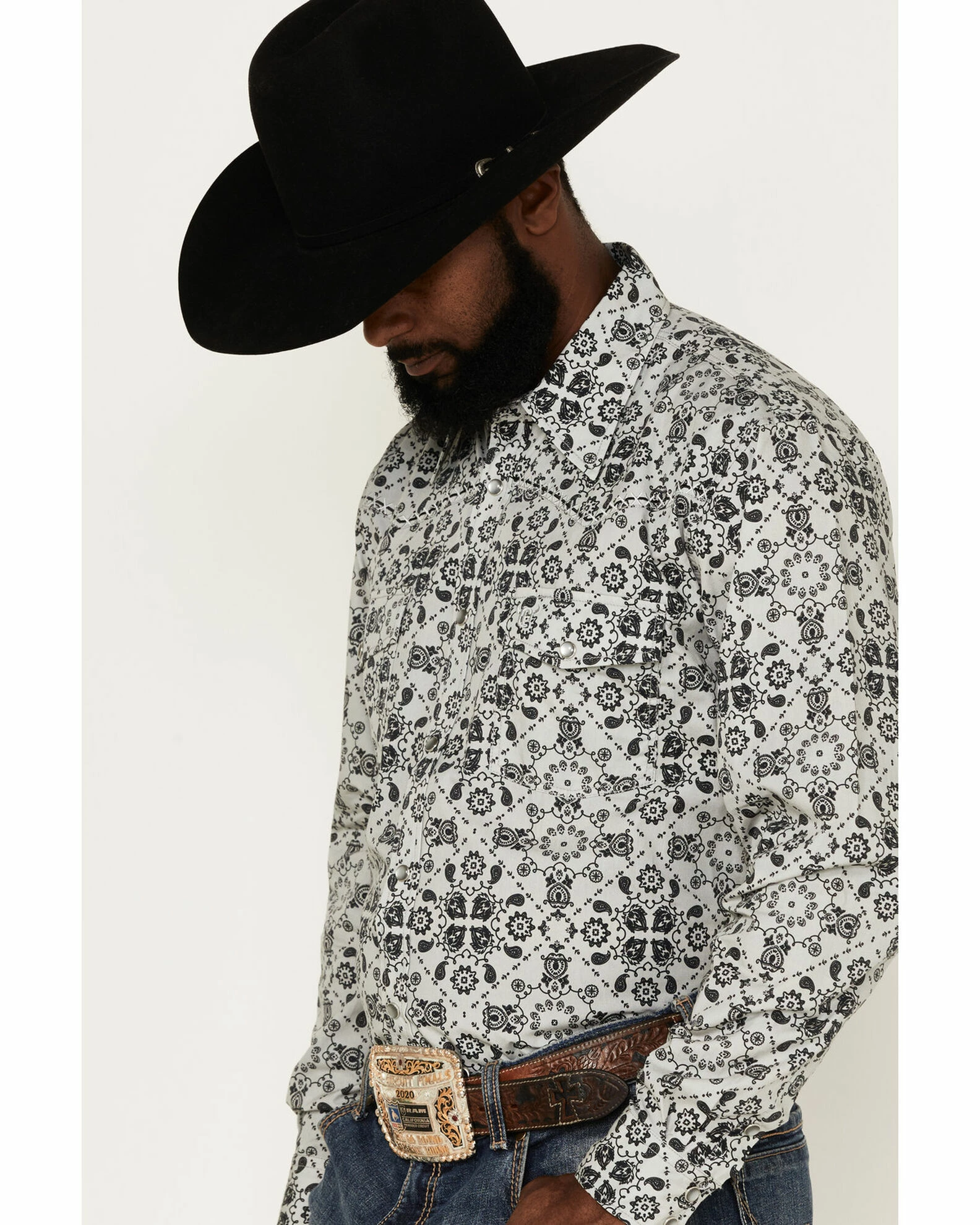 Cowboy Hardware Men's Bandana Print Long Sleeve Snap Shirt Grey 4 Cowboy Hardware Men's Bandana Print Long Sleeve Snap Shirt Grey - Image 2